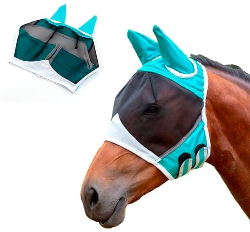 SDFWGG Masque Antimouches Cheval Couvretête Intégral Bonnet Anti Mouche Antiuv Cheval Masque Antimouches Oreilles Naseaux Protection Respirante pour Équitation et Pâturage (S)