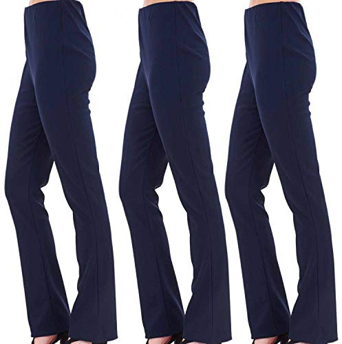 Ladies (Pack of 3) Stretch Bootleg Trousers Ribbed Women Bootcut Elasticated Waist Pants Work WEAR Pull ON Bottoms Plus Sizes 8-26 (UK 14/29 Regular Inside Leg, Navy+Navy+Navy)