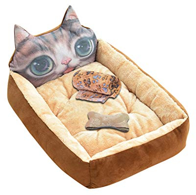 GUOCU Heimtierbedarf Haustierbett Weich Schlafplatz für Hund Katzen Haustier Abnehmbar Waschbar die meisten Haustiere und Häuser zu entsprechen Braun Katze Set S