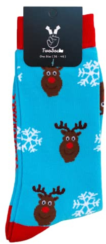 TwoSocks Chaussettes de Père Noël pour Hommes & Femmes, chaussettes drôles et amusantes en coton, taille unique, Renne, taille unique