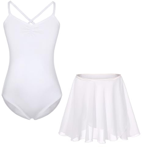 FONLAM Robe Justaucorps de Ballet pour Fille Justaucorps Danse Gymnastique + Jupe Ballet Danse Classique Fille (Blanc, 5-6 Ans)