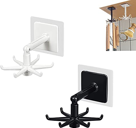 2 um 360 ° drehbare Falthaken mit 6 hakenfreien, selbstklebenden Haken für Küche und Bad, platzsparend, weiß und schwarz