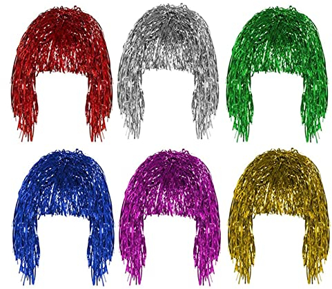 Foil Tinsel Perücken Faschingsperücke Partyperücke Bunte Lametta Perücke Folie Lametta Glänzend Party Perücke Perücken Glänzende Cosplay Perücke Damenperücke Accessoire Karneval Kostüm Zubehör 6 Stück