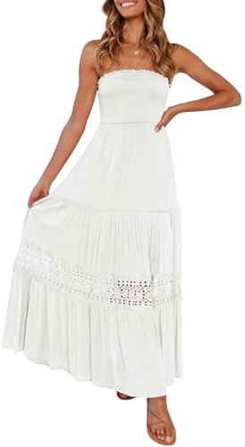 ZESICA Vestido Largo Largo de Playa con Hombros Descubiertos y sin Tirantes para Mujer, Estilo Bohemio de Verano, sin Espalda, con una línea de Playa, Blanco, X-Large