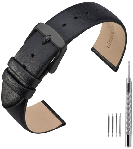 ANNEFIT Leder Uhrenarmband, Armband 18mm mit Schwarz Schnalle, Kompatibel mit Intelligenten und Traditionellen Uhren (Schwarz)