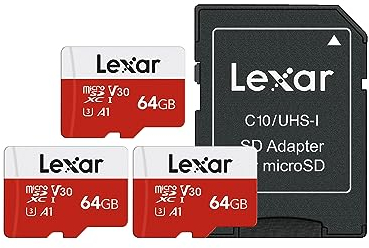Lexar Micro SD Karte 64GB 3er Pack, Speicherkarte Micro SD mit Adapter, Bis zu 100 MB/s Lesegeschwindigkeit, UHS-I, U3, A1, V30, C10, 4K UHD microsdxc SD Karte für Kamera, Smartphone