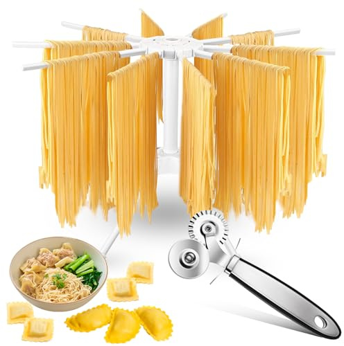 FoldTier Pasta Drying Rack and Cutter Wheel Ravioli Cutter Wheel Ravioli Roller Plastic Foldable Homemade Fresh Spaghetti Collapsible Stand Stable Easy Storage for Kitchen and Home Dumpling Lasagna