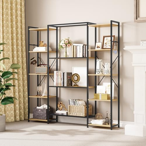 YITAHOME Bookcase, Industrial Book shelf with 13 Shelves Floor Standing Shelving Unit Wooden Shelf and Metal Frame Book Rack, Display Storage Rack for Living Room, Home Office, Oak Color Bookshelf