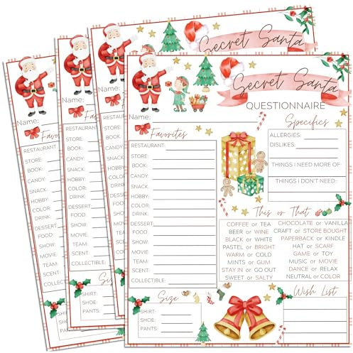 JarThenaAMCS 25Pcs Christmas Questionnaire Sheet Secret Santa Wish List Gift Idea Fill In The Blank Cards for Xmas Holiday Office Home Party Gift Exchange, 8.5 x 11 Inch