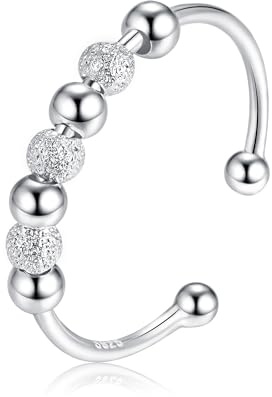 Cangall Silber Stimmungsringe, 925 Sterling Silber Anxiety Rings, Offen Verstellbar Anti Stress Ringe Akupressurringe, Unisex Silber Spinner Bead Fidget Ringe für Anxiety Frauen Mädchen Männer