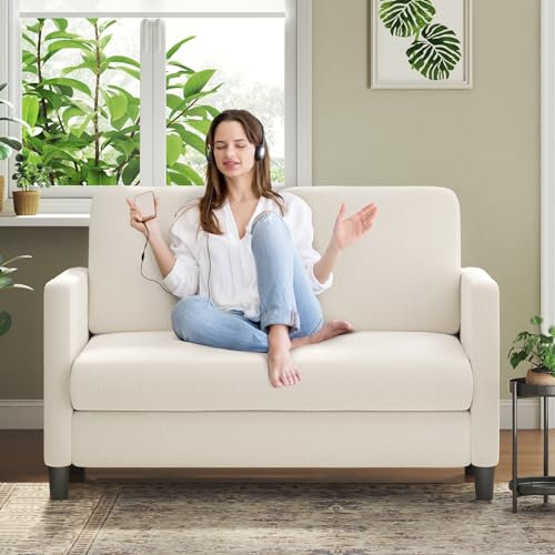 Sofa 2 Sitzer Klein, 130cm Mini Couch Klein, Gemütliches kleines Sofa für Jugendzimmer, Werkzeugfreies Aufstellen von Minisofa, 2er Sofas und Couchs aus Vollholz, Kleine Sofas Wohnzimmer, Beige