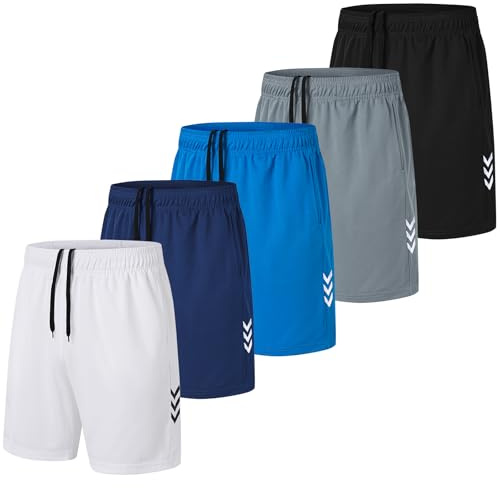 kuzwufs Short De Sport Homme Lot De 5 Séchage Rapide Course d'Entraînement Court Pantalon Fitness Gym Short avec Poches Noir/Gris/Bleu Marine/Blanc/Bleu-L