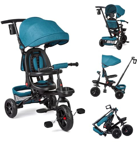 6 in 1 Triciclo Evolutivo per Bambini da 10 Mesi a 5 Anni, Bicicletta Passeggino per Bambini con Sedile Reversibile Parapole e Pedale, Triciclo per Bambin Pieghevole (Verde)