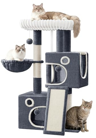 Hzuaneri 98cm Cat Tree, Cat Tower for Indoor Cats, Multi-Level Cats House Furniture with Scratching Post, 2 Caves, Large Platform, Scratching Ramp, Pompom, Dark Grey MS10118SG