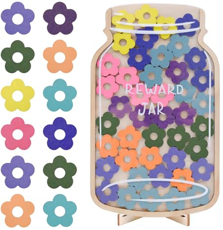 Bocal de Récompense à Étoiles pour Enfant, 45 Étoiles Colorées, Système de Motivation Routine Enfant à la Maison et à l’École, Compatible Tableau de Récompense (Bocal à fleurs)