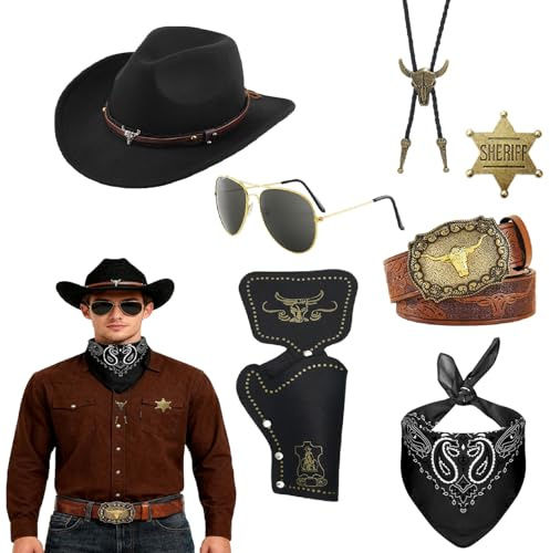 Set di accessori per abiti da cowboy occidentali da 7 pezzi, costume da cowboy occidentale da uomo con cappello, collane, bandana, badge per sceriffo, cintura, occhiali per cosplay per adulti di