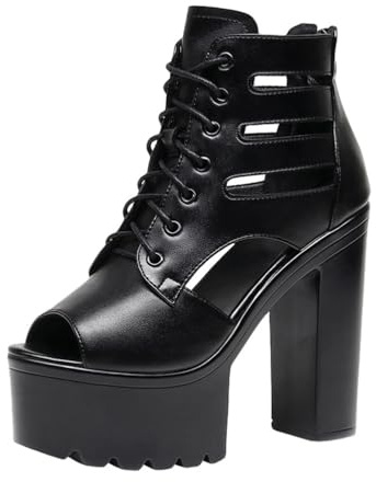 TNMIUH Bottines Plateforme à Lacets Femmes,Bottine Gothiques Cuir, Peep Toe, Talon Haut Chunky 14cm, Élégant Sexy, Été Chaussure Gothique Femme à Talon, Noir et Blanc,Noir,32 EU