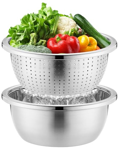 Juego de colador y cuenco de acero inoxidable, colador de arroz, cuenco de lavado, escurridor con cuenco, colador de acero inoxidable, colador para mezclar (26 cm)