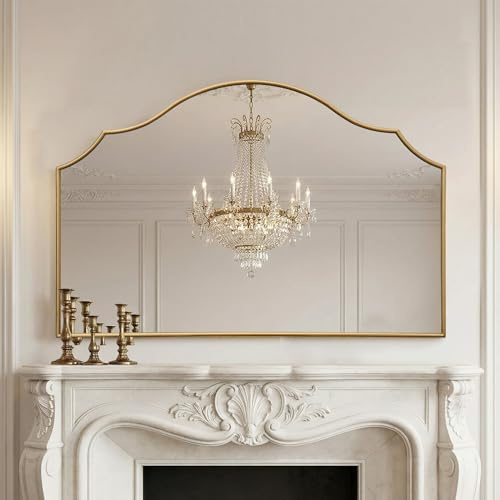 Besdomus Large Scalloped Gold Mirror: 47x31 Modern Minimalist Wood Frame Wall Mirror - Decorative Vanity Arched for Bathroom/Dresser/Entryway/Fireplace/Living Room - Stylish Home Decor