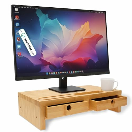 pixly® Monitorställning med lådfack 42x24x10,5 cm ergonomisk bildskärmsförhöjning i trä med förvaring skrivbordsorganisatör hållbar skärm- och datorbord med fack