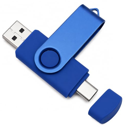 Memoria USB 256 GB, tipo C y USB 2.0 2 en 1 Flash Drive Transferencia 100 MB/s Material metálico giratorio Diseño para iPhone 15/16/17, Smartphone, Tableta, PC, Mac, Coche, Consola de juegos Azul