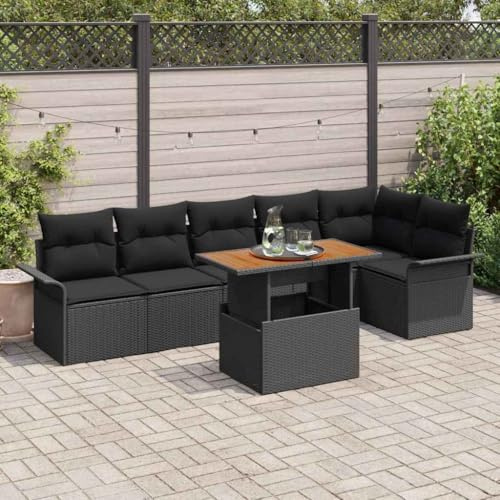 Runheo Ensemble canapé de Jardin 7 pièces Noir en polyrotin avec Coussins modulables, Banquette Angle Convertible, mobilier extérieur en Bois et métal pour terrasse Balcon Patio Piscine