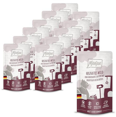MjAMjAM - nourriture humide premium pour chats - Quetschie - copieux gibier et lapin aux myrtilles fruitées, paquet de 12 (12 x 125 g), sans céréales avec supplément de viande