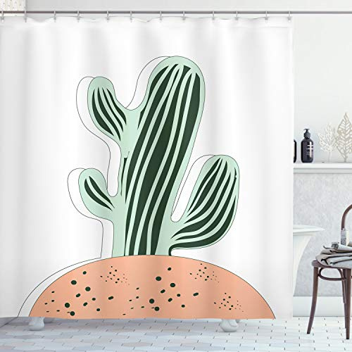 Lunarable Cactus Shower Curtain, Cartoon Saguaro Doodle Soil Plantation Garden Art Botanical, Cloth Fabric Bathroom Decor Set with Hooks, 69 W x 75 L, Peach Evergreen