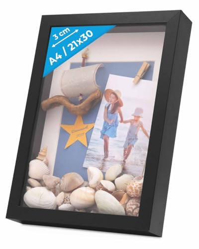 PHOTOLINI 3D Bilderrahmen zum Befüllen 21x30 A4 Schwarz, 3 cm tiefer Objektrahmen mit Glas, tiefer Bilderrahmen A4 21x30 Holz MDF mit Passepartout, Dicker 3D Rahmen befüllbar für Gegenstände Geschenk