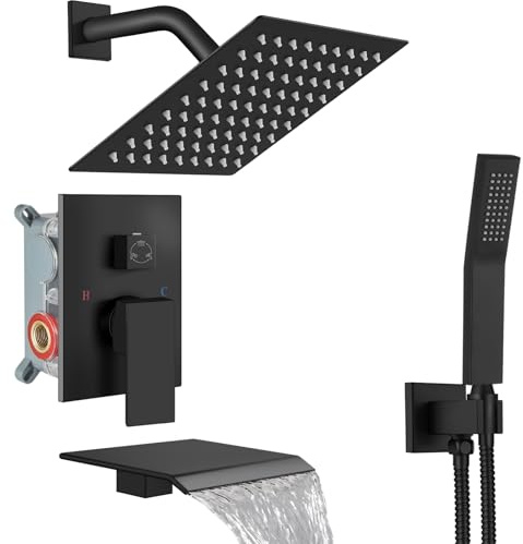 Midanya Shower System with Tub Spout,Bathtub Shower Faucet Set with Square Rainfall Head and Handheld Sprayer Wall Mount Tub Faucet Set with Valve and Trim Kit,8 Inch Matte Black