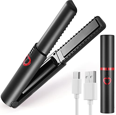 JMFONE Kabellose Haarglätter, Mini-Reise-Haarglätter und Lockenwickler 2 in 1 für Frauen, tragbare USB-C-wiederaufladbare Glätteisen, Glätteisen, 4800 mAh Akku, Dual-Spannung, 3 einstellbare