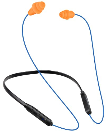 HomeSpot Noise Reduction Wireless Neckband Headphones with Qualcomm aptX HD, 27dB NRR, CVC Noise Cancelling Mic & Controls and 20H Playtime for Work Safety OSHA Compliant - Blue Wire Orange Earbuds
