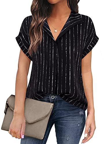 Timeson Blusas de gasa de manga corta para mujer para oficina, trabajo, ropa de negocios, camisas con cuello, Rayas negras, M