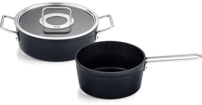 Fissler Adamant/Aluminium-Kochtopfset, 2-teilig, Töpfe-beschichtet mit Glasdeckel, antihaftend (1 Bratentopf, 1 Stielkasserolle) - Induktion