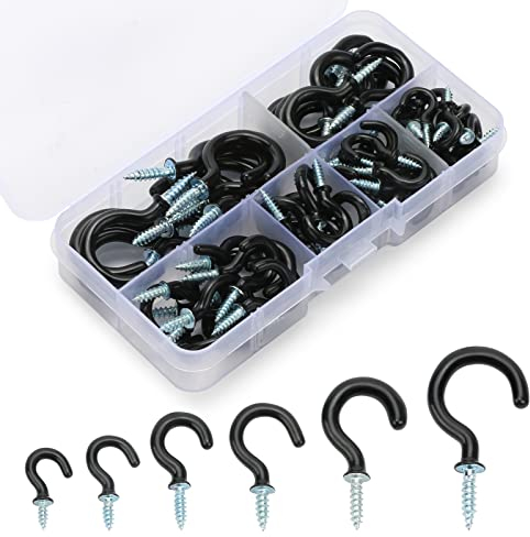 FINEASY 75pcs Black Hooks for Hanging Ceiling Screw in Hooks,Vinyl Coated Ceiling Hooks for Hanging Plants,6 Sizes Mug Cup Hooks Set,for Outdoor Christmas Lights,Plants,Indoor Outdoor Use (Black)