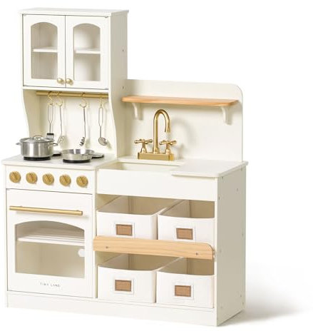 Tiny Land Kinderküche aus Holz mit Zubehör, Spielküche mit Spüle, Herd, Kühlschrank und Regalen