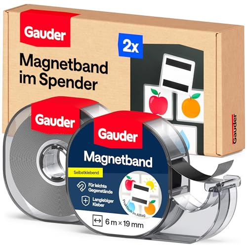 GAUDER Bande Magnétique avec Distributeur - Ruban Magnétique Autocollant pour Objets Légers - Ruban Aimanté à Découper pour Cartes Postales & Photos sur Surfaces Métalliques (2 Pièces de 6 m x 19 mm)