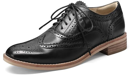 Leather Full Brogue Wingtip Oxfords for Women Retro Perforated Detailing and Serrated Accents Lace Up Dress Shoes Black Size 9
