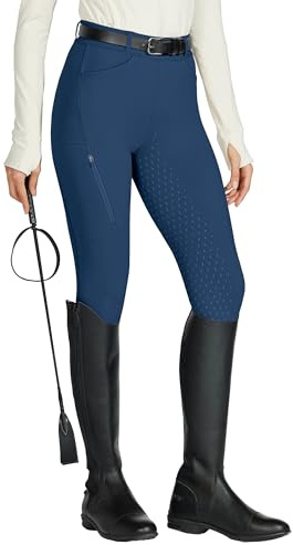WILLIT Ridleggings, dam, ridbyxor, silikon, helsits, hög midja, stretch, ridbyxor med dragkedja, bälteshällor, Mörkblå, L