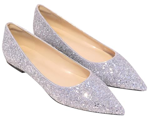 Minetom Femmes Ballerines à Bout Pointu Confortable Paillettes Fête Soirée Mariage Chaussures Plates à Enfiler E Argenté 39 EU