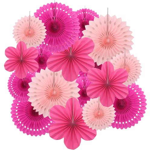 VEGCOO 17 Pcs Pink Honeycomb Decoration Paper Fans for Birthday Wedding Baby Shower Neon Party Wall Ceiling Decor