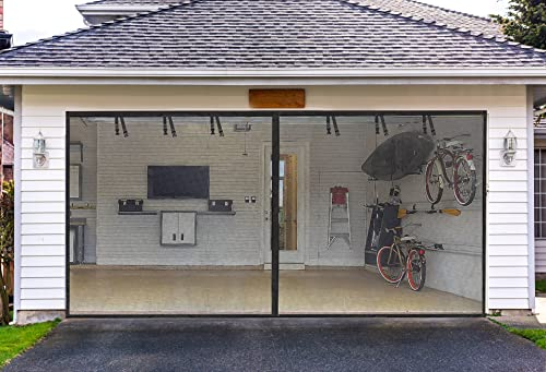 【2-pack】 Garageskärmsdörrar för 2 bilgarage – 16 x 7 fot glasfiber 2300 g/5,1 lb hållbar, kraftig magnetisk garageportskärm handsfree med 6 upprullningsbara starps för uteplats, utomhus, gym, hantverk