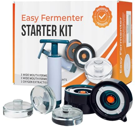 Easy Fermenter Fermentation Lids Starter Set, Includes 3 Airlock Fermentation Lids and 3 Glass Weights, Sauerkraut Fermenting Kit for Wide Mouth Mason Jar, Pickles, Vegetables, & Kimchi Making Kit