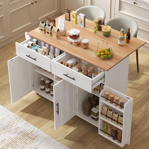 Sapgaks Aparador comedor con encimera plegable, carro cocina con ruedas, aparador con 3 puertas y 2 cajones, isla de cocina con patas de madera maciza reversibles (A-Blanco)