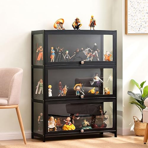 Koubhyj Vitrine pour Objets de Collection, Vitrine Meuble de Rangement, étagère et étagère D'exposition Armoires de Curiosités(80x33x106cm-3Couche/Noir-Transparent sur Trois Côtés)