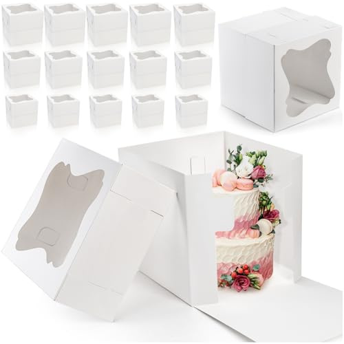 Pumtus 15 PCS Tall Cake Boxes, Square Cake Box with Window in 3 Sizes 12x12x12 10x10x10 8x8x8 Inches, Cardboard Tier Cake Bakery Container, Disposable Dessert Pie Takeout Carrier for Wedding Birthday