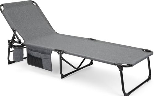 BERGER Dreibeinliege | Sonnenliege 4-Fach verstellbar für Garten Camping Strand, klappbar & wetterfest | Liegestuhl Gartenliege mit Seitentasche & Getränkehalter | Leicht faltbar, belastbar 120 kg
