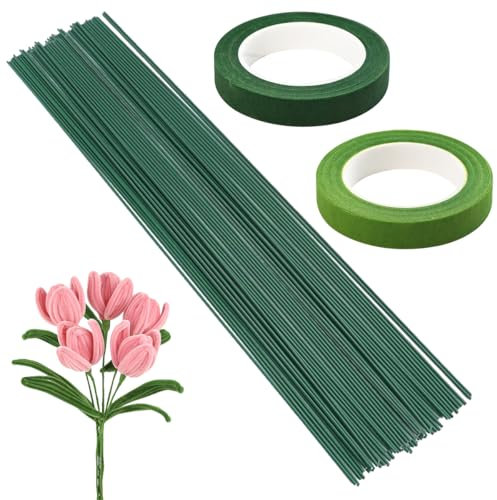 80 Piezas 30cm Alambre para Floristería, Alambre de Tallo Floral con 2 Rollo de Cinta de Flores, Alambre Floral Verde, Alambre Floral Wire para Producción de DIY Arreglo Flores Artificiales Guirnalda