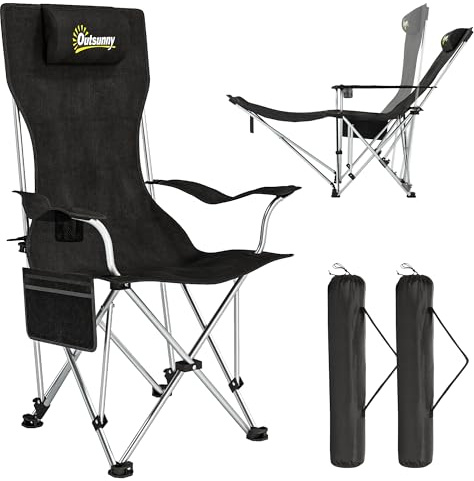 Outsunny Conjunto de 2 Sillas Plegables Camping Carga 120 kg Negro | Tumbonas Camping Portátiles, Reposapiés Desmontable, Reposacabezas, Portavasos, Bolsa Lateral, Jardín Playa Pesca