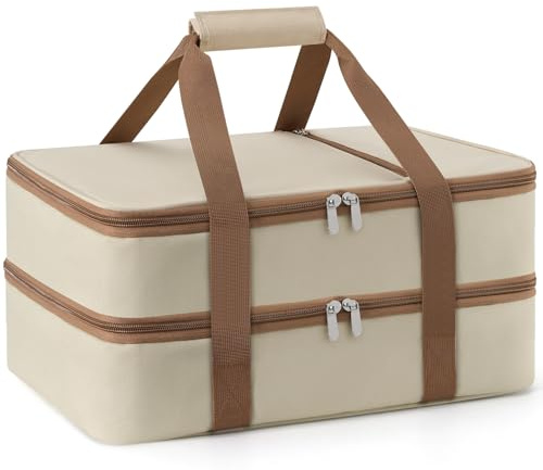 MIAOJIE Double Insulated Casserole Carrier for Hot or Cold Food,Pie Carrier Bag Lunch Tote for Potluck Parties/Picnic/Cookouts, Fits 9x13 Baking Dish, Beige